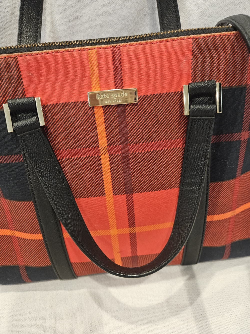 kate spade New York Newbury Lane Red Plaid Tote with Black Leather Trim Purse - Picture 2 of 16